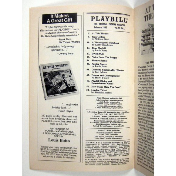 Private Lives Playbill Opening Night February 1992 Joan Collins Simon Jones - Picture 2 of 7